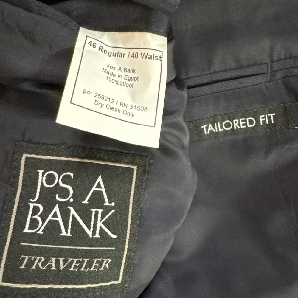 Jos A Bank Traveler Blue 100% Wool Suit Sz 46R Tailored Fit Jacket Pants 38 x 30